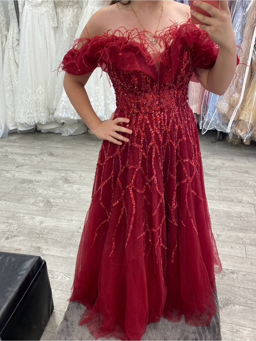 Off-Shoulder Burgundy Red Sequin Tulle Gown